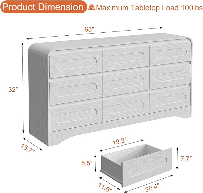Dresser for Bedroom with 9 Drawers, 63" Large Modern Dressers & Chest of Drawers with Curved Profile Design, Wood Closet Clothes Storage Long Dressers Organizer for Bedroom Living Room Hallway, White