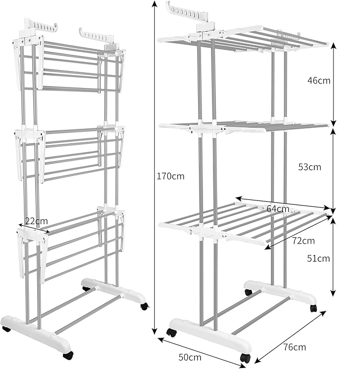 Bigzzia 3 Tier Folding Drying Rack Clothing Clothes Horses Rack Stainless Steel Laundry Drying Rack (Grey White, 4 Tier)