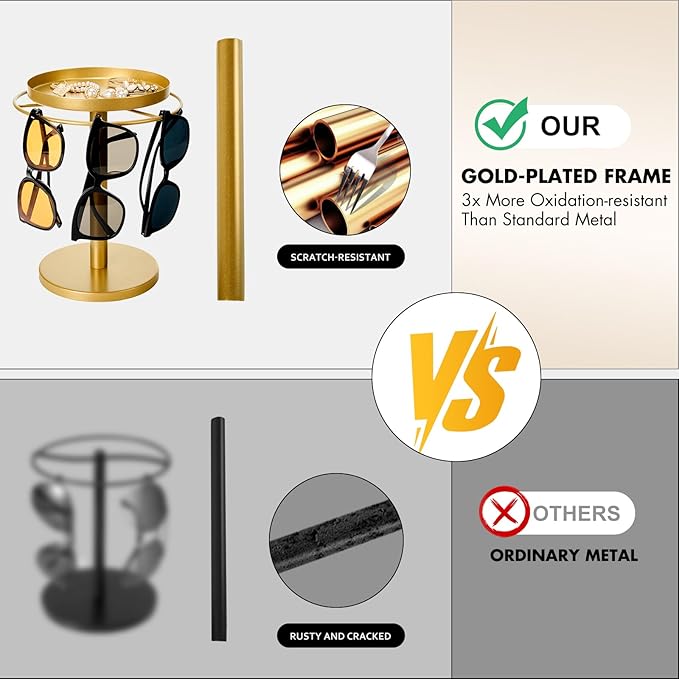 MoyRetty 360° Rotating Sunglasses Organizer - Stainless Steel Glasses Holder Stand with Jewelry Tray, Home Decor for Desk, Dresser & Nightstand(Gold)