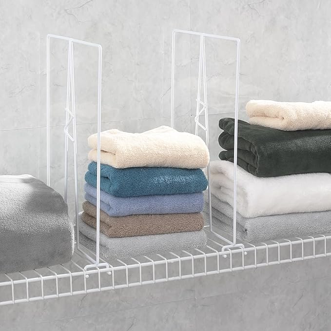 Wire Shelf Dividers - White Closet Organization & Storage Organizer - No Tool Shelf Divider for Wire Shelves - Metal Shelf Accessories – for 12“ Deep Wire Shelves – Tall 16” Height – 4 Pack