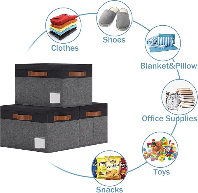 GhvyenntteS Extra Large Storage Bins with Lids, Foldable Fabric Storage Boxes with Lids and Handles, Storage Baskets with Lid and Label for Home Office (3 Pack, Grey&Black, 15.75" x 11.8" x 10.2")