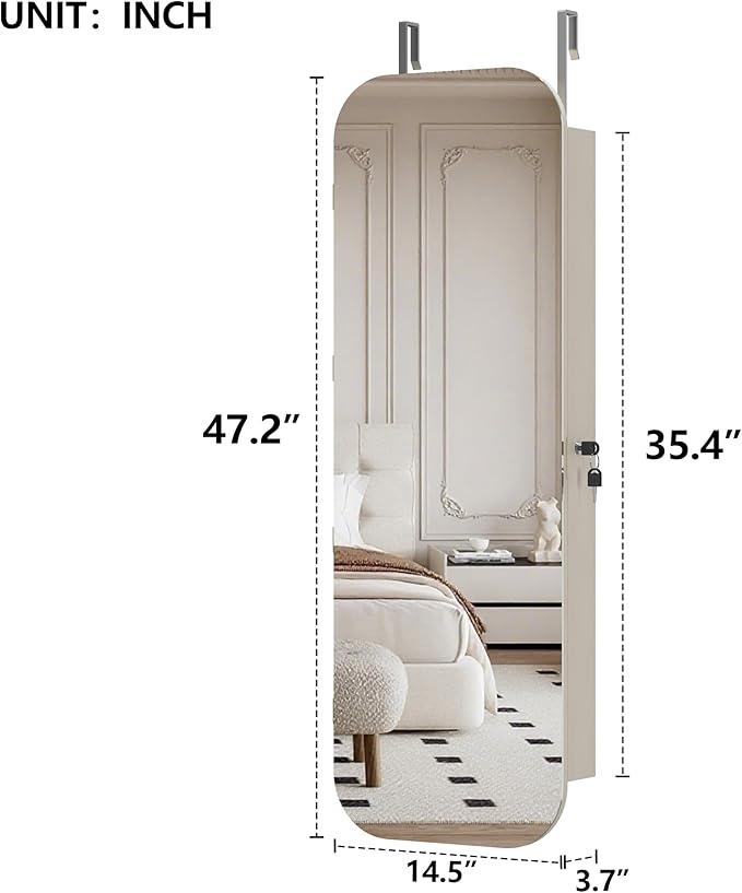 Montary Door or Wall-Mounted Jewelry Cabinet with Full-Length Mirror - Lockable Storage Organizer with Built-In LED Lighting, Hidden Jewelry Armoire for Bedroom & Closet, White