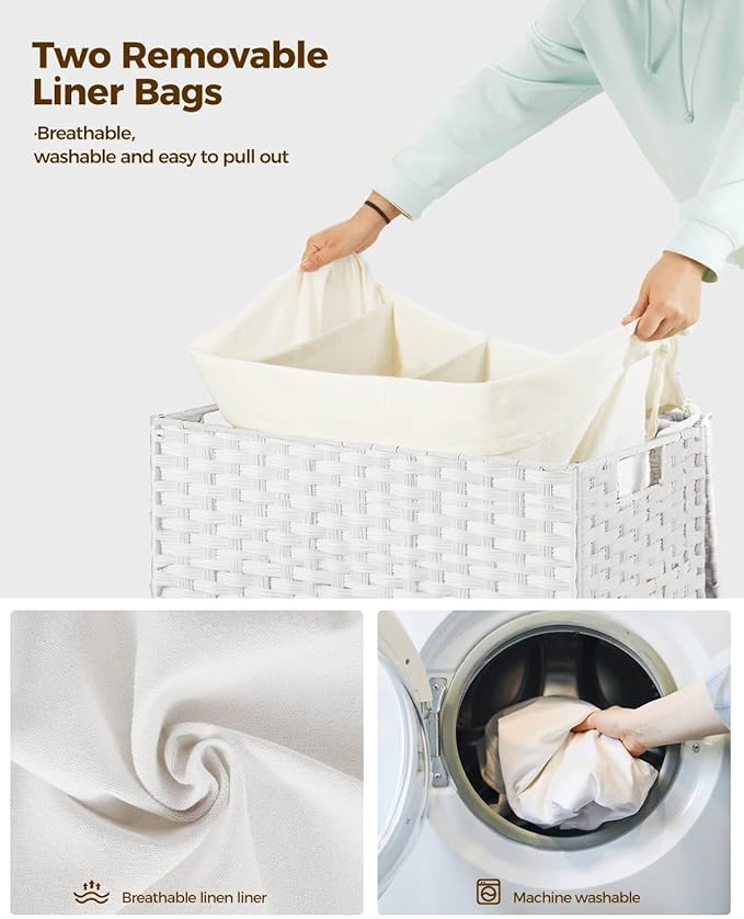 Greenstell Laundry Hamper with Wheels&Lid,130L Large 3 Sections Clothes Hamper with 2 Types Removable Liner Bags, 5 Mesh Laundry Bags, Handwoven Divided Laundry Basket White