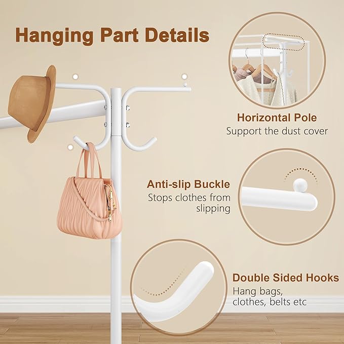 Hoctieon Z Clothes Rack with Cover, Metal Heavy Duty Clothing Rack, Rolling Garment Rack with Wheels, with Dustproof Cover Waterproof Protector, with 2 Durable Zippers, for Hanging Clothes, White