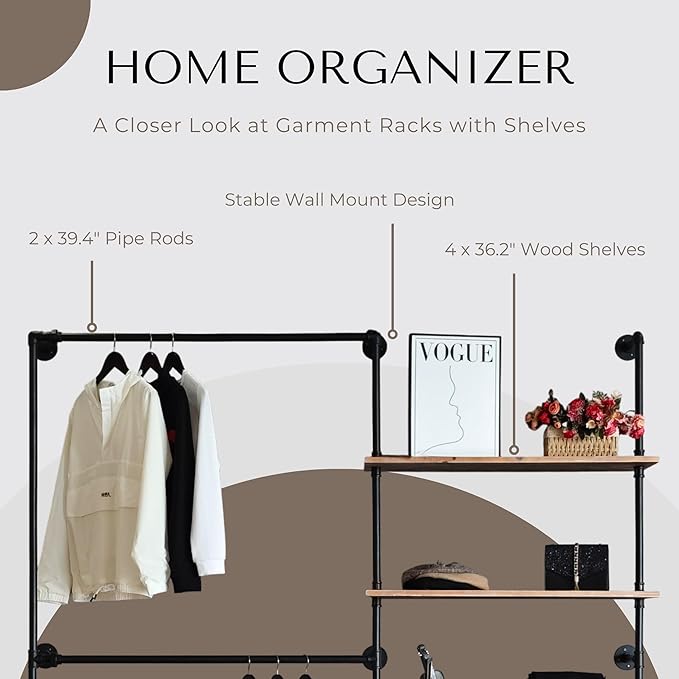 Industrial Pipe Clothing Rack, Wall Mounted Garment Black Wall Hanging Clothing Rack, Heavy Duty Clothes Rack for Walk in Closet Storage, Laundry Room, 14.6x76x82.7 Inches, Model Y02