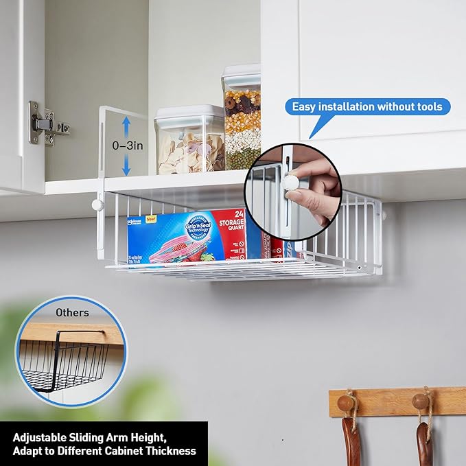 2 Pack Hanging Under Shelf Storage Basket,Adjustable Under Cabinet Add-on Storage Racks Slide-in Baskets Organizer for Laundry Room Kitchen Pantry Desk Bookshelf, White