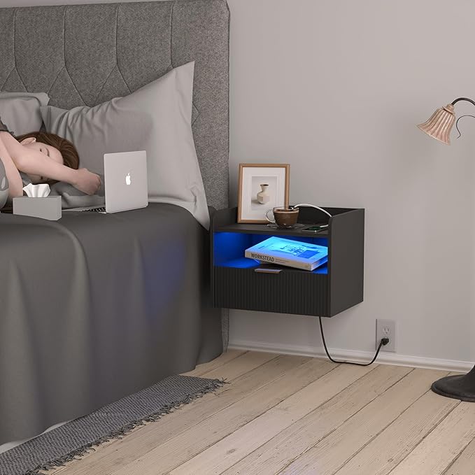 White Floating Nightstand with Charging Station and LED Lights (Black)