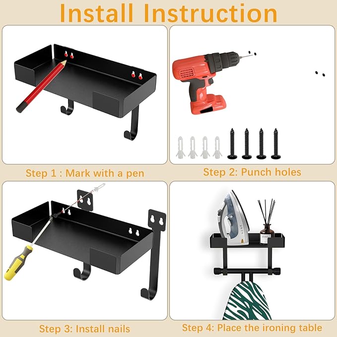 JUYSON Ironing Board Holder, Wall-Mounted Iron and Board Set Storage for Laundry Rooms (Black)