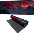 Red Moon Mouse Pad XXL – Large Gaming Desk Mat with Dark Mountain Landscape & Sakura Tree, Extended Mousepad with Non-Slip Base for Office, Gamer Setup,31.5 x 11.8 in