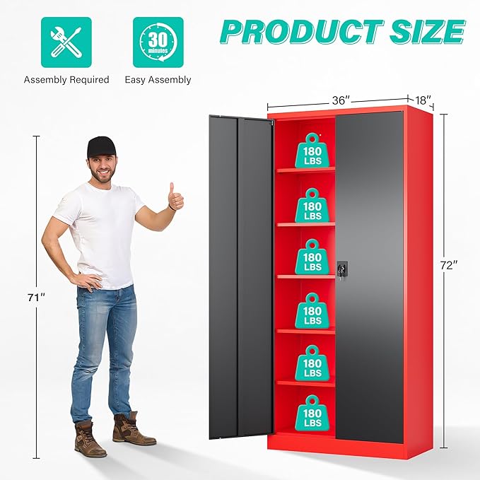 SISESOL Wide & Deep Metal Storage Cabinet with Lock & 5 Adjustable Shelves,72" Red Black Garage Storage Cabinet with Locking Doors,Lockable Cabinets for Home,Office,Shop,Garage,Basement 72x36x18