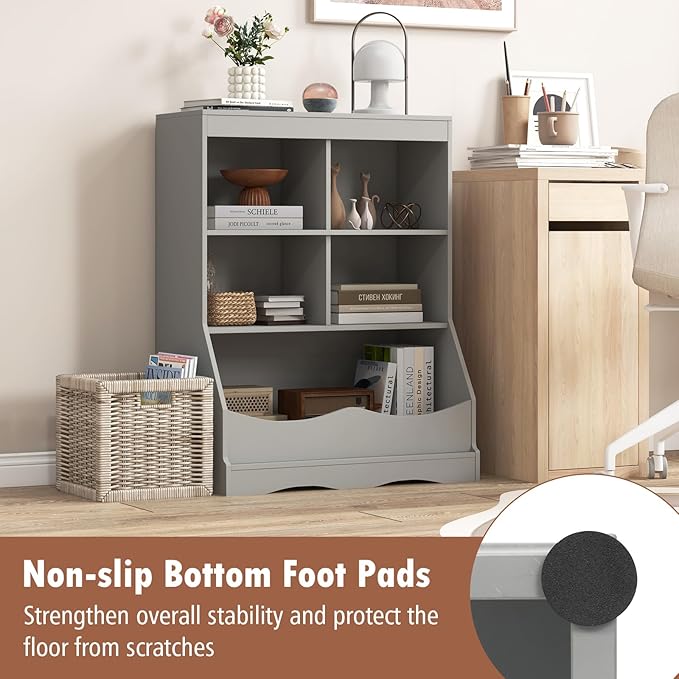 Storage Organizer, Small Bookcase w/ 4 Open Cubes & 1 Bottom Compartment, Anti-Tipping Device, Foot Pads, Low Cube Bookshelf for Bedroom, Living Room, Playroom, Study, Small Spaces (Gray)