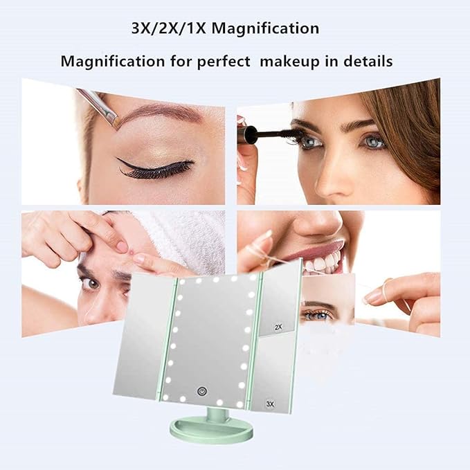 Tri-fold Lighted Vanity Makeup Mirror with 3x/2x Magnification,21 LEDs Light and Touch Screen,180 Degree Free Rotation Countertop Cosmetic Mirror,Travel (Green)