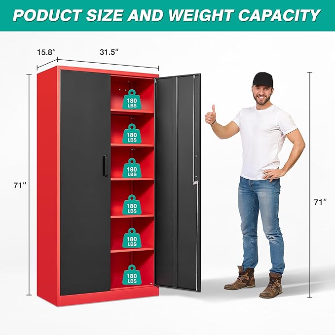 6 Tier Garage Storage Cabinet with 5 Adjustable Shelves,Metal Storage Cabinet with Lock,Red Black Metal Cabinet with Locking Doors,Steel Locker,71" Lockable Storage Cabinets for Home,Office,Garage