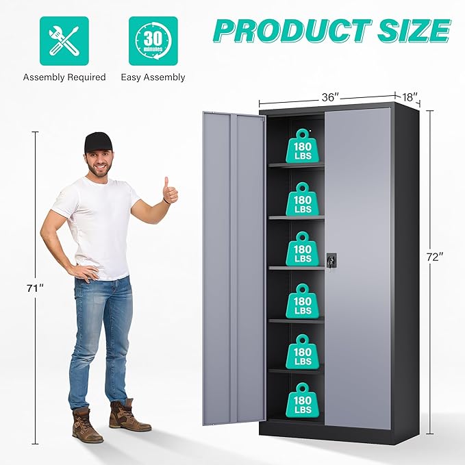 SISESOL Wide & Deep Metal Storage Cabinet with Lock & 5 Adjustable Shelves,72" Gray Garage Storage Cabinet with Locking Doors,Locking Metal Cabinets for Home,Office,Shop,Garage 72x36x18