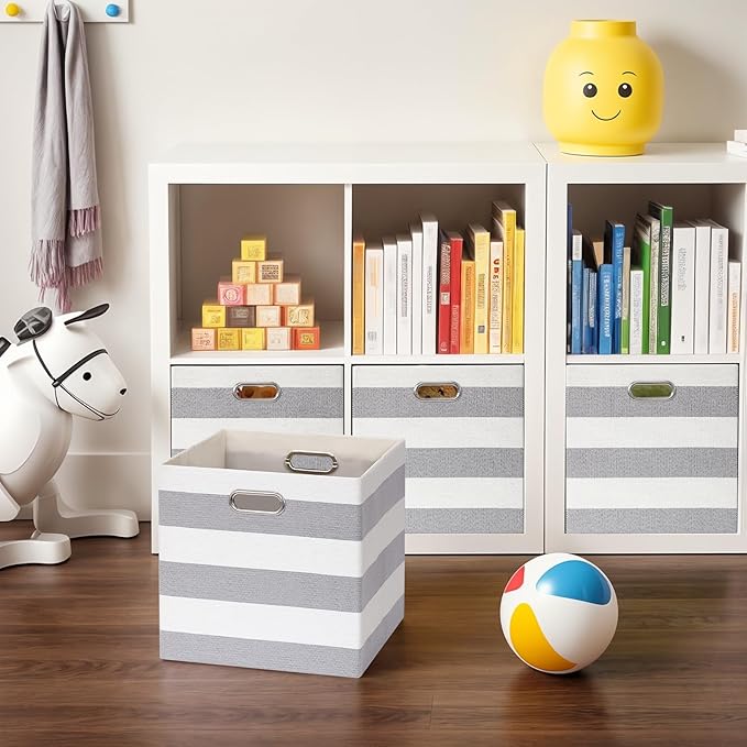 13x13x13 Storage Cube Bins, Foldable Storage Cubes Cubby Baskets Organizer Cloth Bins for Cube Storage Organizing Shelf Closet, Pack of 4, Gray/White Stripe