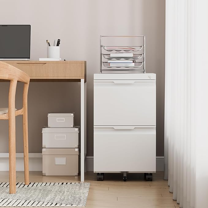 File Cabinet 2 Drawers on Wheels Under Desk,Locking Filing Cabinets for Home Office,Metal Vertical Files Drawers,Small Rolling Cabinet Printer Stand for Legal/Letter/A4( Assembly Required-White)