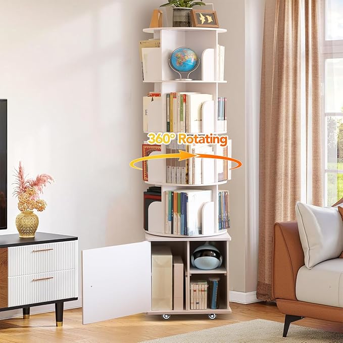 6 Tier Rotating Bookshelf Spinning Bookshelf Tower 360° Revolving Bookcase with Storage Cabinet Corner Organizer Storage Round Carousel with Wheels, White