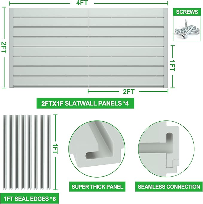 RELIANCER PVC Slat Wall Panels,4ft by 2ft (8 sqft) Garage Wall Organizer Storage System,Interlocking Slatwall Paneling Sheets,Workshop Slatwall Shelves Tools Organization,Wall Mounted Storage Rack