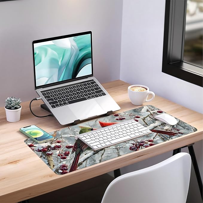 Winter Cardinal Bird Gaming Mouse Pad 35.4"x15.7"Desk Mat Anti-Slip Rubber Base & Durable Stitched Edges for Gamers Smooth Mouse Writing Surface for Desk Office/Home