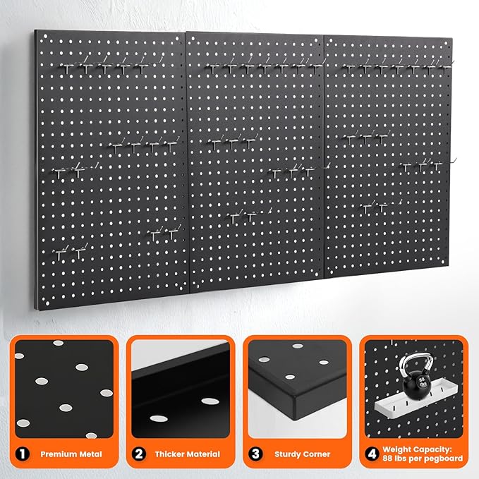 Pegboard, 3 PCS 24"×16" Metal Peg Board Panels Black Modular Wall Organizer Kit with 30 Hooks, Dual-Size Hole Design for Home Tool Storage, Garage Organization, Kitchen, Office, Craft Room