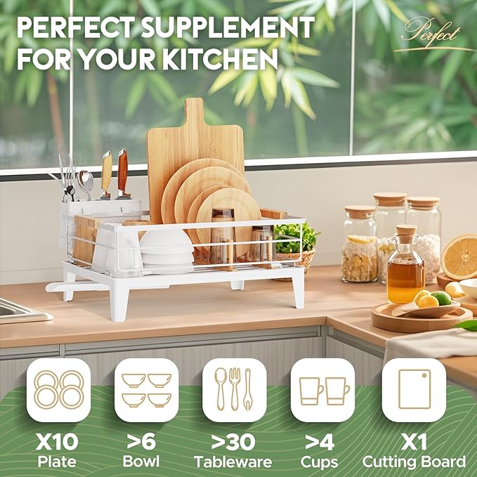 JYPS Dish Drying Rack for Kitchen Counter Decor with Drainboard Auto-Drain，Rustproof Dish Rack Drainers with Utensil Holder, Wooden Handles，360° Rotatable Drainer, Higher Legs (White)