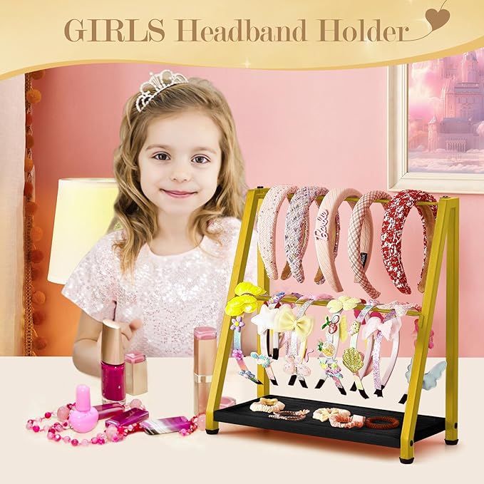 Headband Holder Organizer Metal 2-Tier Display Stand for Selling, Home Bedroom Headband Storage for Girls Women, Headband Stand Wood Base Can Store Hair Ties