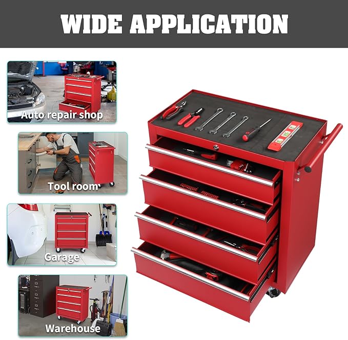 Metal Rolling Tool Box Organizer | Lockable Tool Chest with Wheels | Toolbox with 4 Sliding Drawers | Tool Storage Box Organizer for Garage Home Workshop & Tool Room | Red