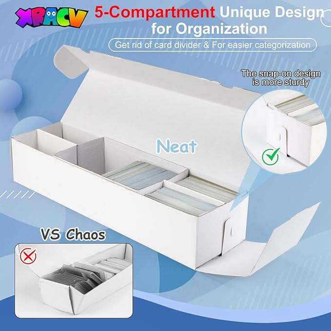 Trading Card Storage Box, Mtg Storage Card Box with 5-Compartment, Ultra-thin White Cardboard Collector Box for TCG/Baseball Sports Cards Storage, 2 Count