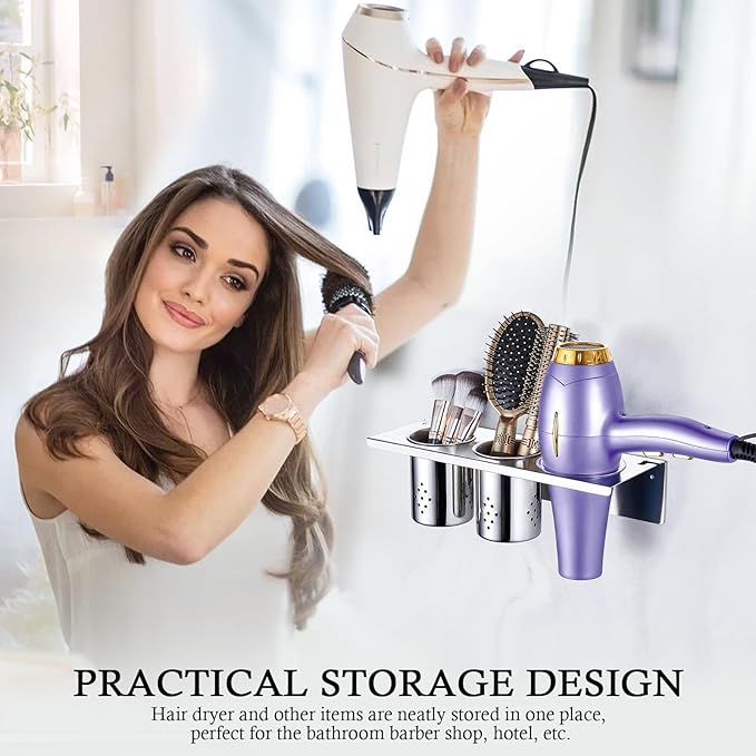 Hair Tool Organizer, Blow Dryer Holder Wall Mounted, Hot Tools Holder Storage for Brush, Hair Dryer, Straighteners, Curling Iron Holder Stainless Steel, Hair Styling Tools Organizer with 2 Cups