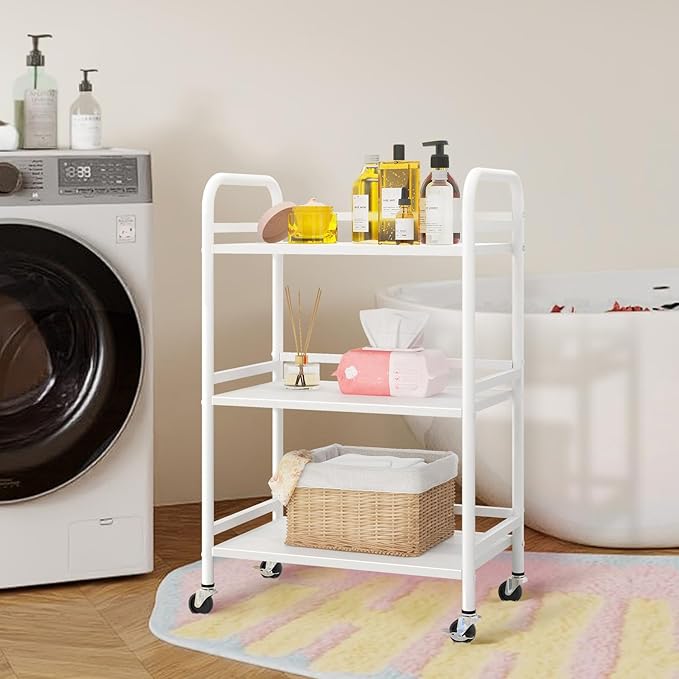 HDANI 3 Tier Rolling Cart Shelves,Heavy Duty Multifunctional Metal Frame-Supports 22 Lbs Per Tier,Rolling Cart with 2 Lockable Wheels for Home, Office,Kitchen,Bathroom,Bedroom,White