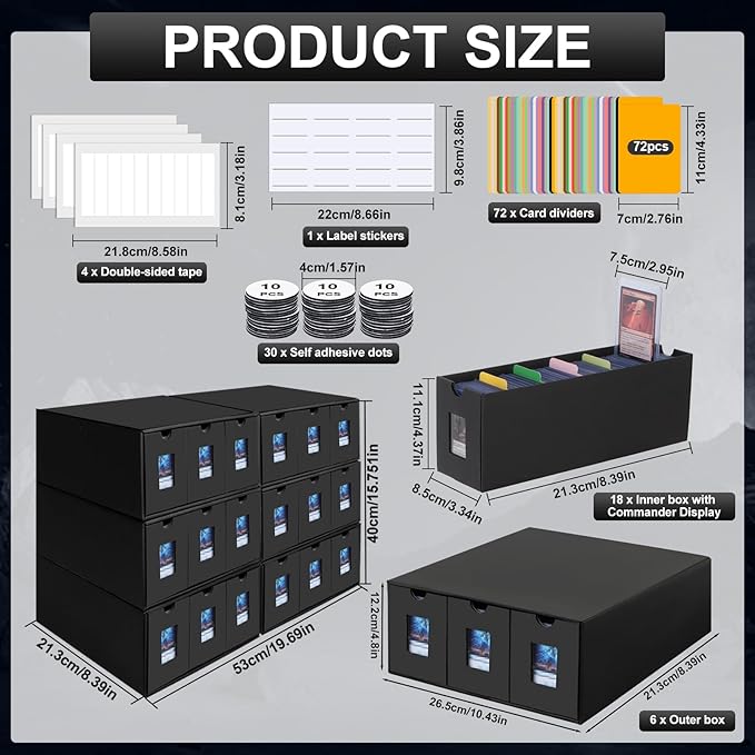 10800+ Card Storage Box, 2000+ Toploader Storage Box for Commander Display,with 72 Dividers, Labels & Tapes,Fit for TCG, PTCG, MTG