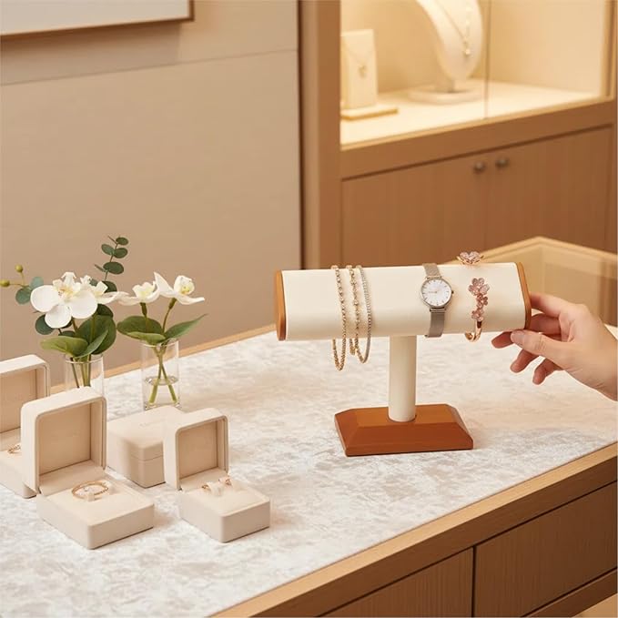 Solid Wood T-bar Watch Display Stand Bracelet Holder Jewelry Tower Organizer Space Saving for Personal Use Vendors Exhibit Trade Shows Retail Stores (Old Lace)
