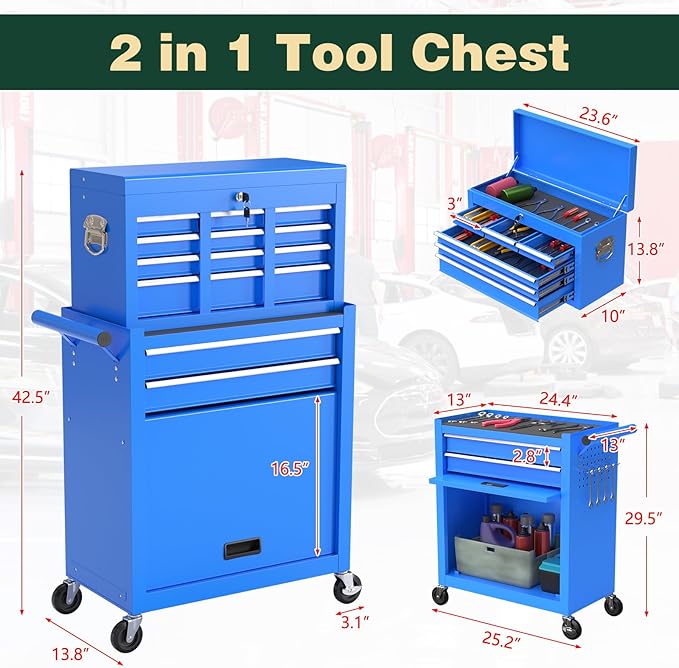 8-Drawer Heavy Duty Tool Chest with Wheels - Industrial Rolling Tool Box, Lockable Drawers & Smooth Glide System for Mechanics, Garage, Auto Repair Shop(Blue)