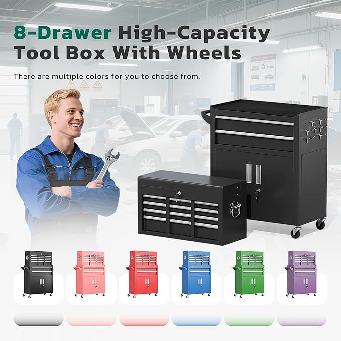 Greenvelly Metal Tool Chest,8-Drawer Rolling Tool Cart with Wheels,2 in 1 Detachable Tool Cabinets,Tool Box,Liners and Locking System for Garage,Warehouse,Workshop, Barbershop(Black)