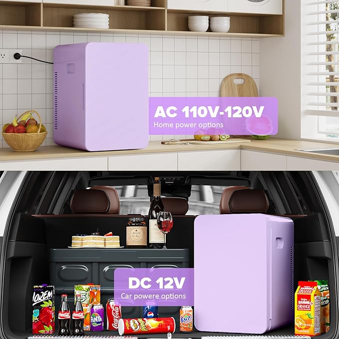 22L/30Cans Mini Fridge for Bedroom, 12v DC Portable Cooler & Warmer, Mini Refrigerator with Glass Front, for Car Office Desk & Dorm Food Beverage Skincare Makeup (Purple)