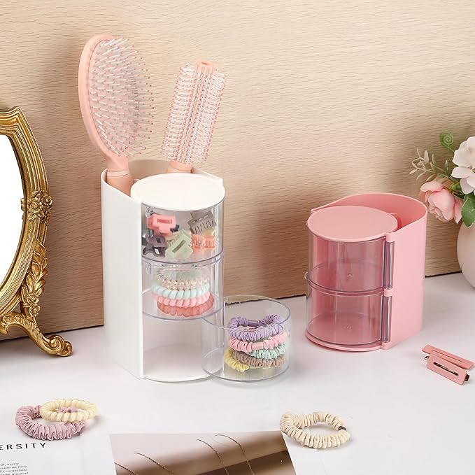 Rotating Accessories Organizer with Comb Holder Plastic Hair Clips Storage Container Cosmetic Storage Box for Makeup Sponge Brush, 3-Layer White