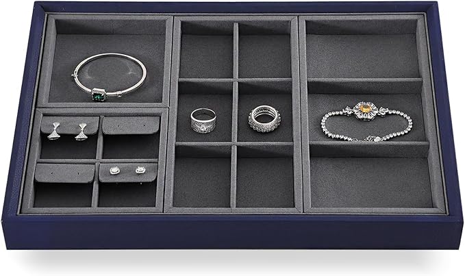 Dark Blue Jewelry Display Tray Ring Necklace Earring Bangle Organizer Multifunctional Storage Case for Jewelry Showcase (Long 3 Grids Tray)