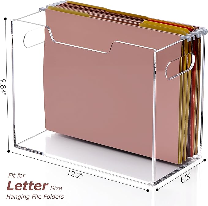DINGHUO Acrylic File Folder Organizer Box, Letter Size Hanging File Organizer, Clear File Holder with Handles, Desktop Office Supplies Filing Storage Crate for Home Work School - 1 Pack