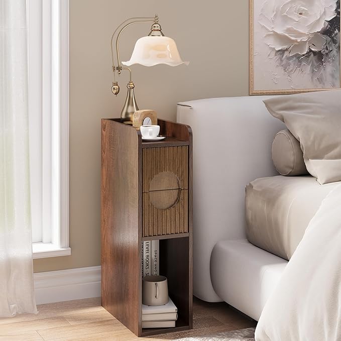 Slim Bedside Table Set of 2, Narrow Nightstand with Drawers, Fluted Wood Nightstand, Mid Century Modern End Table, Skinny Tall Nightstand, for Bedroom Walnut