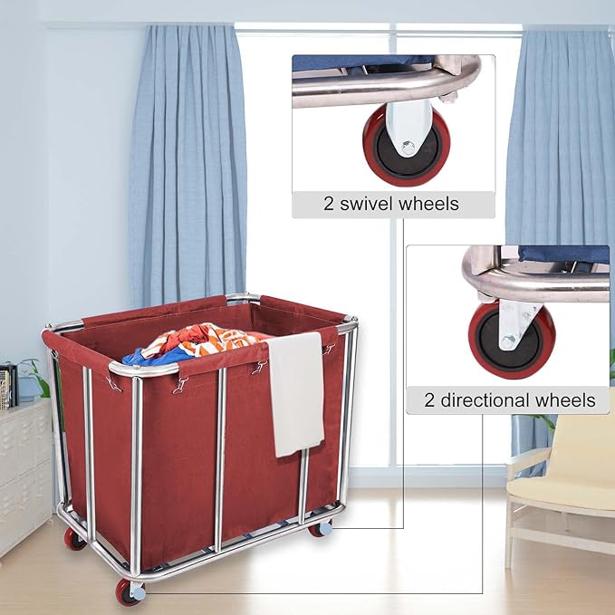 12 Bushels Laundry Cart for Commercial/Home,Heavy Duty Large Stainless Steel Rolling Laundry Basket with Wheels，for Hotel, School, Laundry,260LBS Load