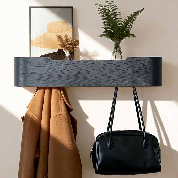 Wall Coat Rack Floating Shelves Modern Coat Rack Wall Mount with Storage Entryway Shelf Wooden Hanger 20 Inch 4 Hidden Metal Hooks for Living Room Bedroom (Black, 5 Hooks)