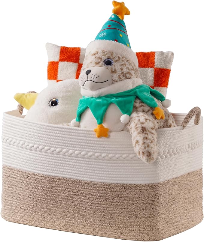 Extra large laundry basket woven from natural cotton rope with handles storage blankets for living rome big decorative quilted baskets for clothes toys pillows hamper 24"x16"x14" white/brown