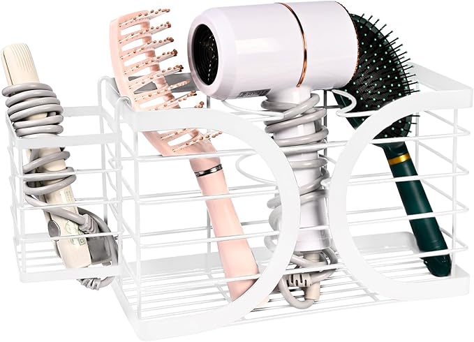Elegant White Wall Mounted Hair Dryer Holder - Stylish Bathroom Organiser for Hair Dryer & Straightener, Hair Brush & Accessories