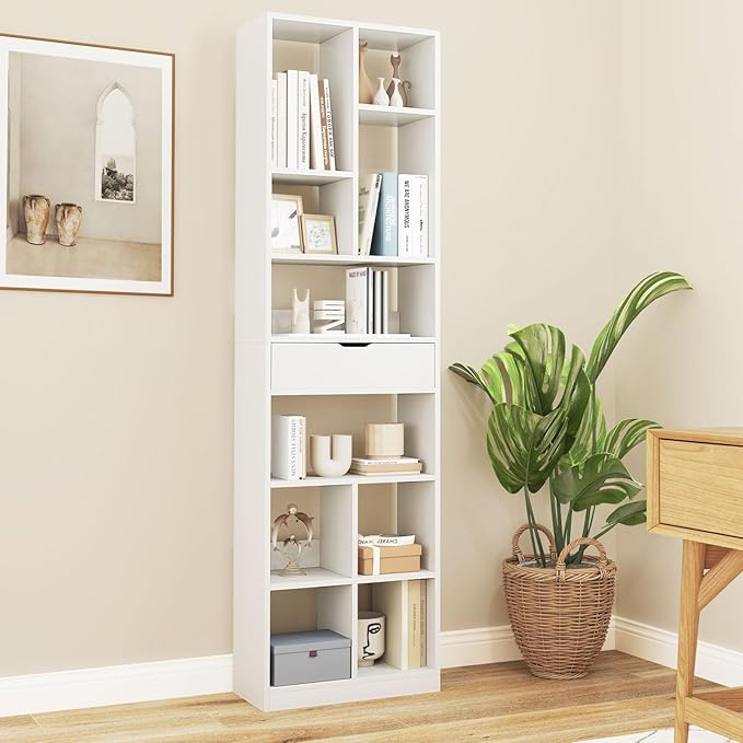 Giantex 71" Bookcase with Drawer, Tall Freestanding Bookshelf with 10 Open Cubes, Floor Display Shelving Unit, Modern Storage Organizer for Living Room, Bedroom, Study, White