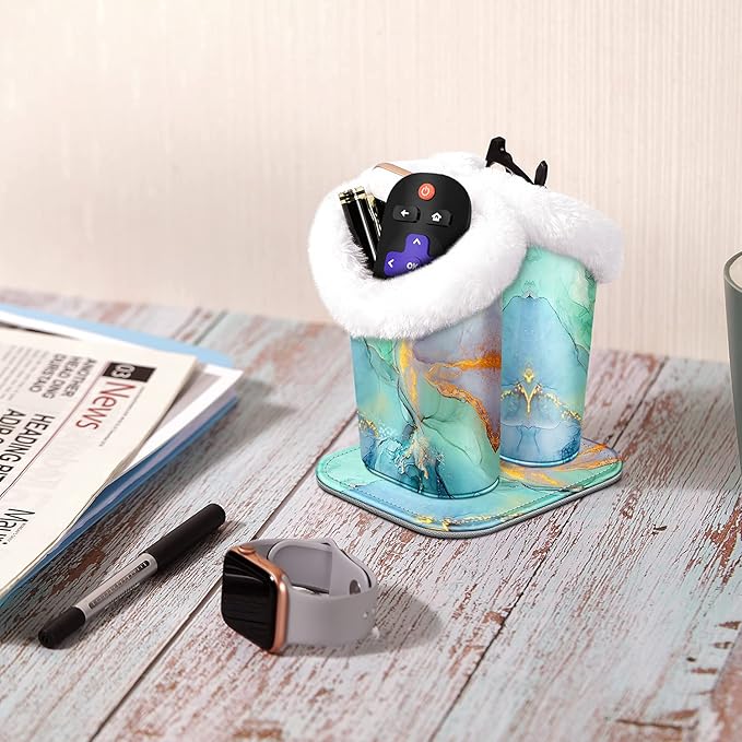 Fintie Plush Lined Double Eyeglasses Holder with Magnetic Base, Glasses Stand Case Organizer for Desk, Nightstand, Office, Emerald Marble