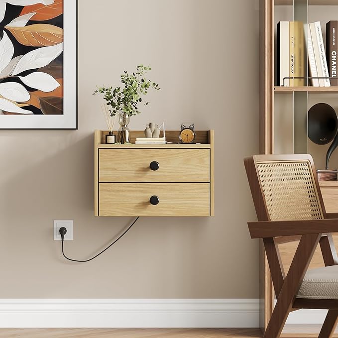 Floating Nightstand Set of 2 with 2 Storage Drawers and Charging Station Wood Wall Mounted Bedside End Table Modern Night Stands Set 2 for Bedroom,Small Space,Natural