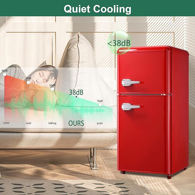Retro Mini Fridge, 3.2 Cu. Ft. Small Refrigerator with Freezer Retro Style with 7-Level Adjustable Thermostat, Compact Vintage 2-Door Fridge for Apartments, Dorm, Office, Red