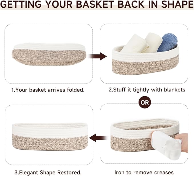 Temary 2PC Small Storage Bins Basket, 13x5.9x3.9 inch Woven Storage Basket with Handles for Storage Toilet Paper Rolls, Narrow Storage Baskets for Entryway, Closets, Shelves (Brown)