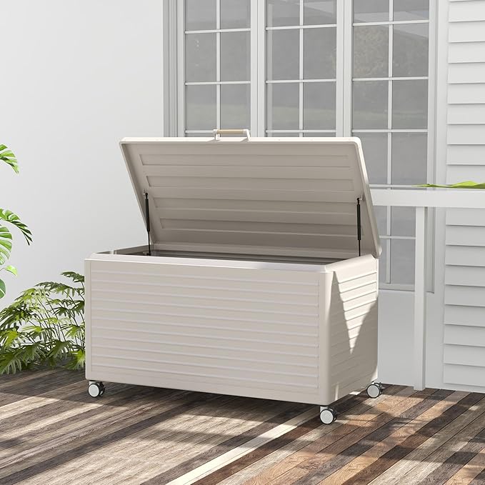 MIRADOR 134 Gallon Outdoor Storage Box Waterproof, Metal Deck Box with wheels for Patio Furniture, Garden Tools, Outdoor Cushion, Latte