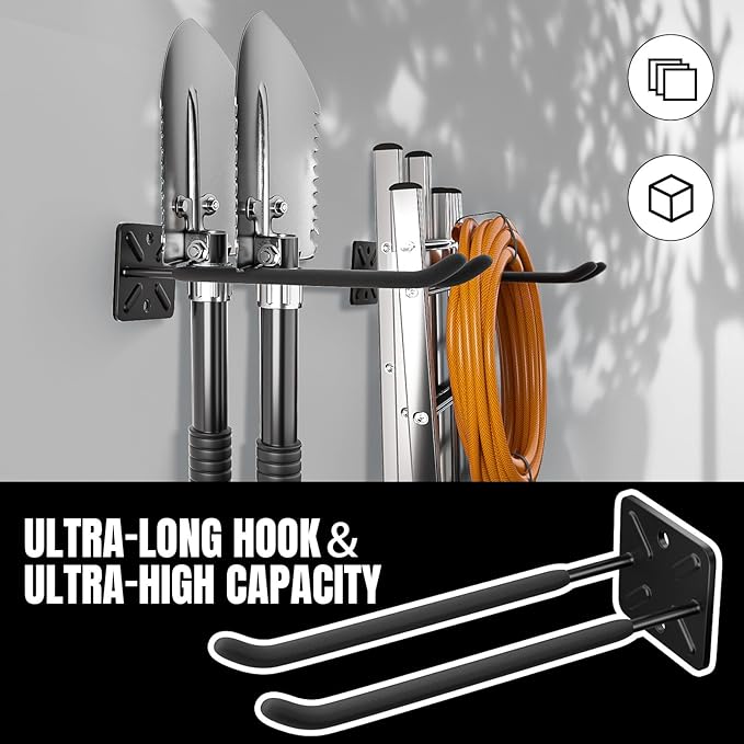 Heavy Duty Garage Hooks and Tool Organizer, Wall Mount Utility Storage Hangers for Car Tires, Ladders, Chairs, Garden Tools, Power Tools and More（2PC-12.4 Inches）